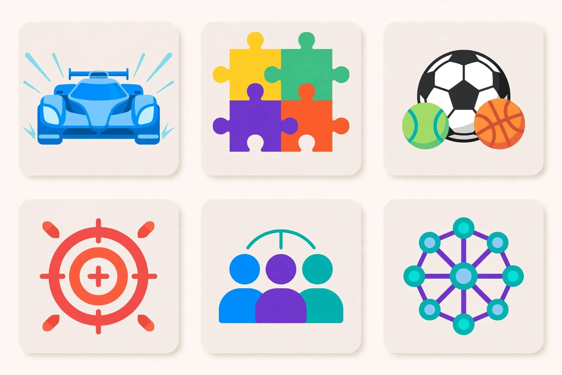 Unblocked game categories infographic: racing, puzzle, sports, shooting, multiplayer and IO games