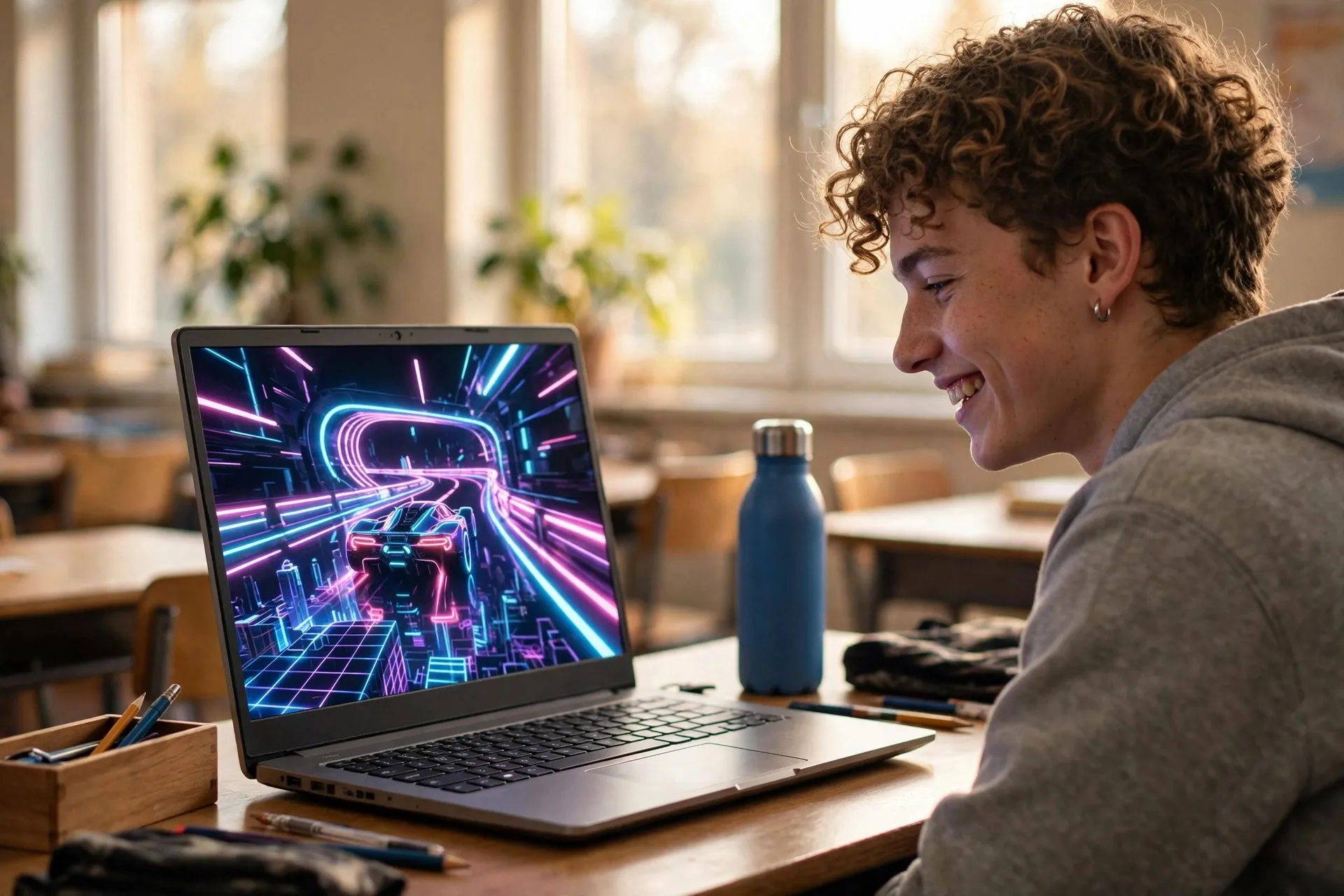 Student playing an unblocked browser game on a laptop during a classroom break