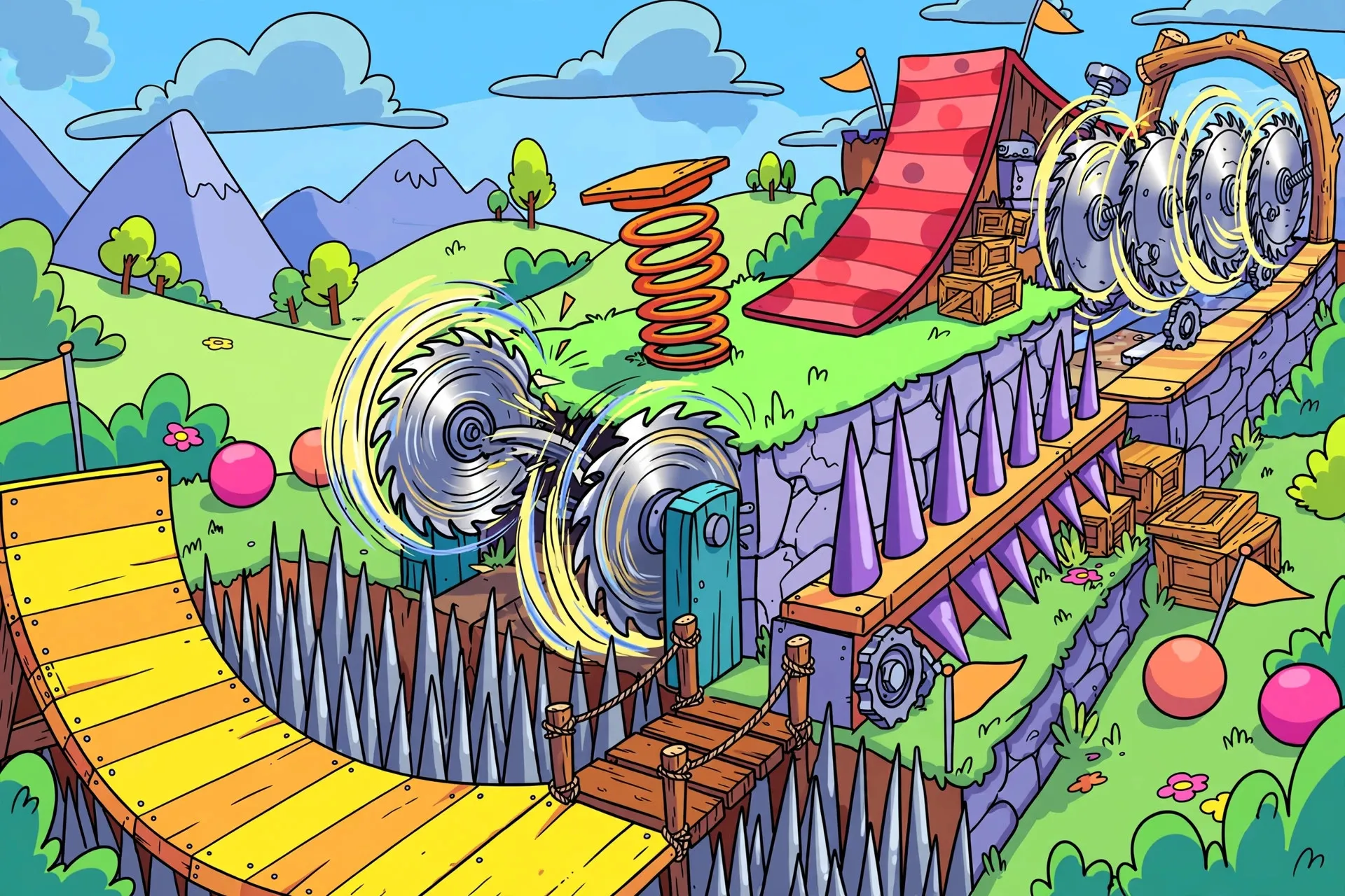 Egg-shaped cartoon characters in a playful firefight among wooden crates in a bright arena