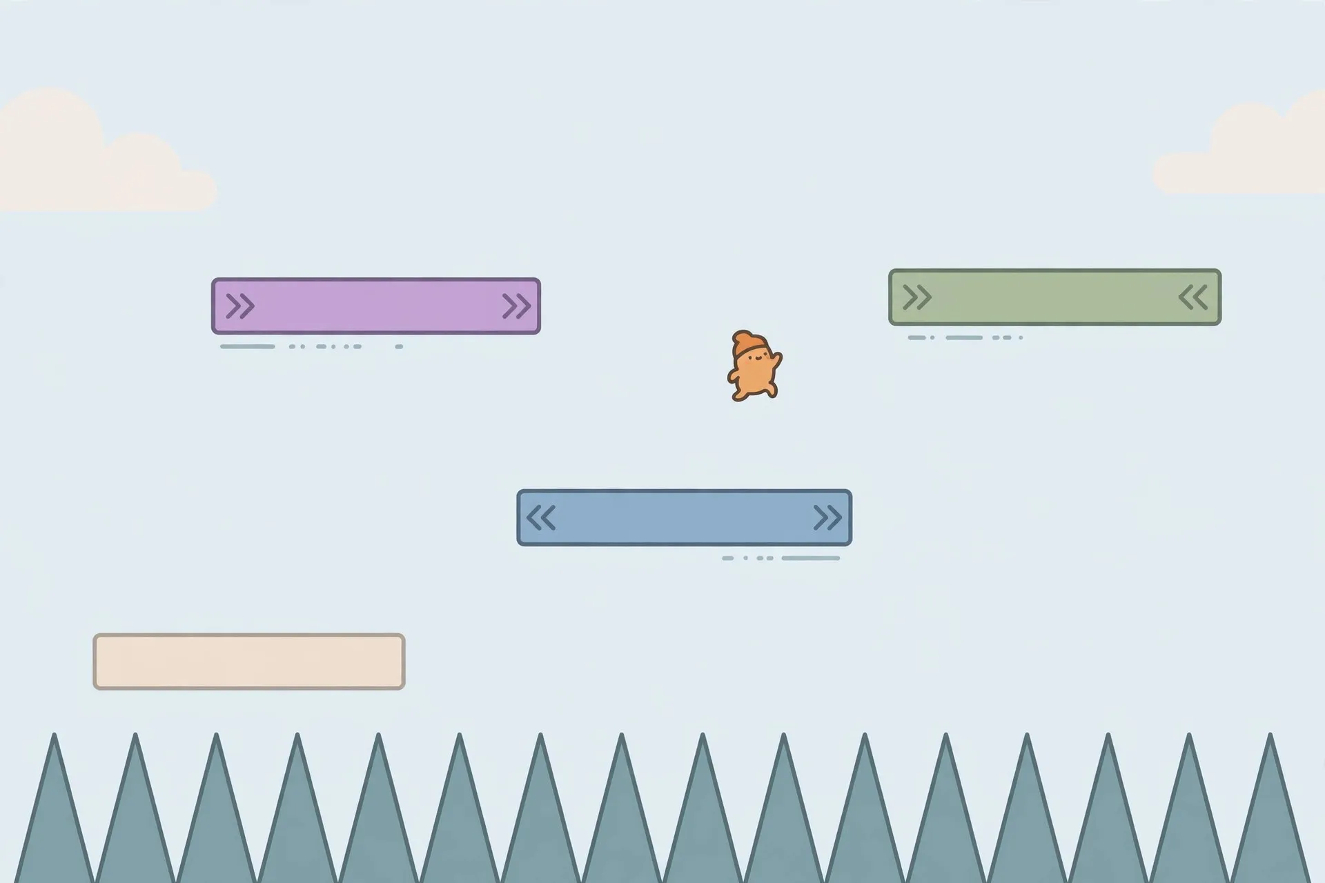 Crazy cartoon obstacle course with ramps, spikes and spinning saw blades in a playful cartoon style