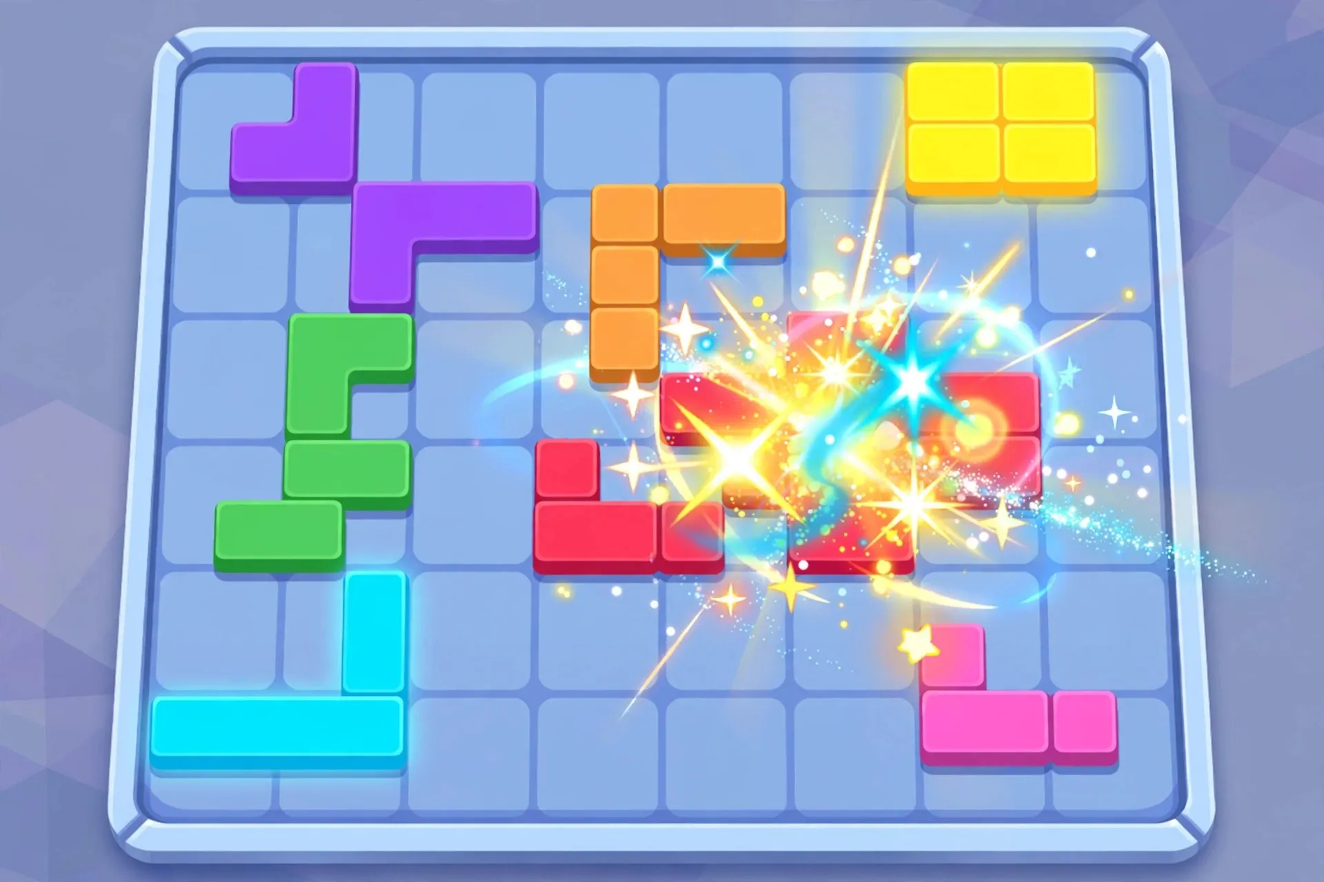 Puzzle grid with colorful block shapes placed on it and bright combo effects
