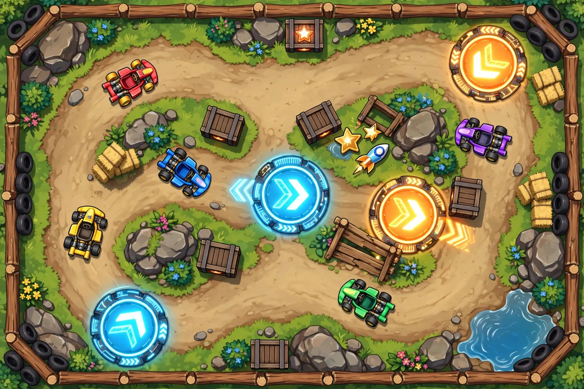 Top-down view of a battle arena with karts, weapon crates and boost pads