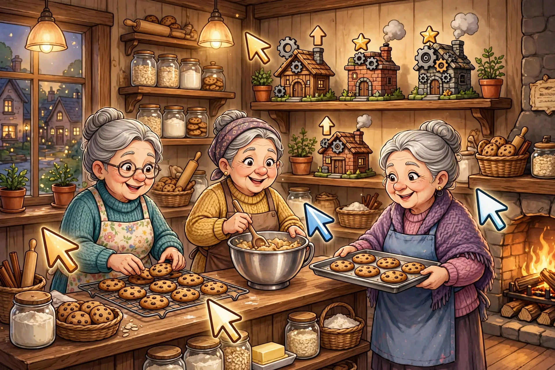 Cozy cookie bakery scene with grandmas, cursors and upgrade buildings