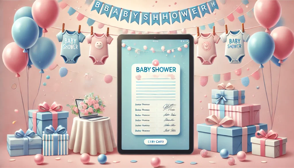 A heartwarming digital illustration of a baby shower celebration. The scene features a pastel-colored background with soft pinks and blues, balloons,