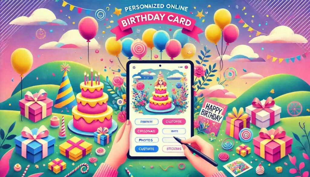 DALL·E 2025 01 24 11.25.59 A vibrant landscape illustration of a personalized online birthday card creation scene. The image features a person designing a birthday card on a dig 1 Beautiful Birthday Cards Online--Where to Get Them